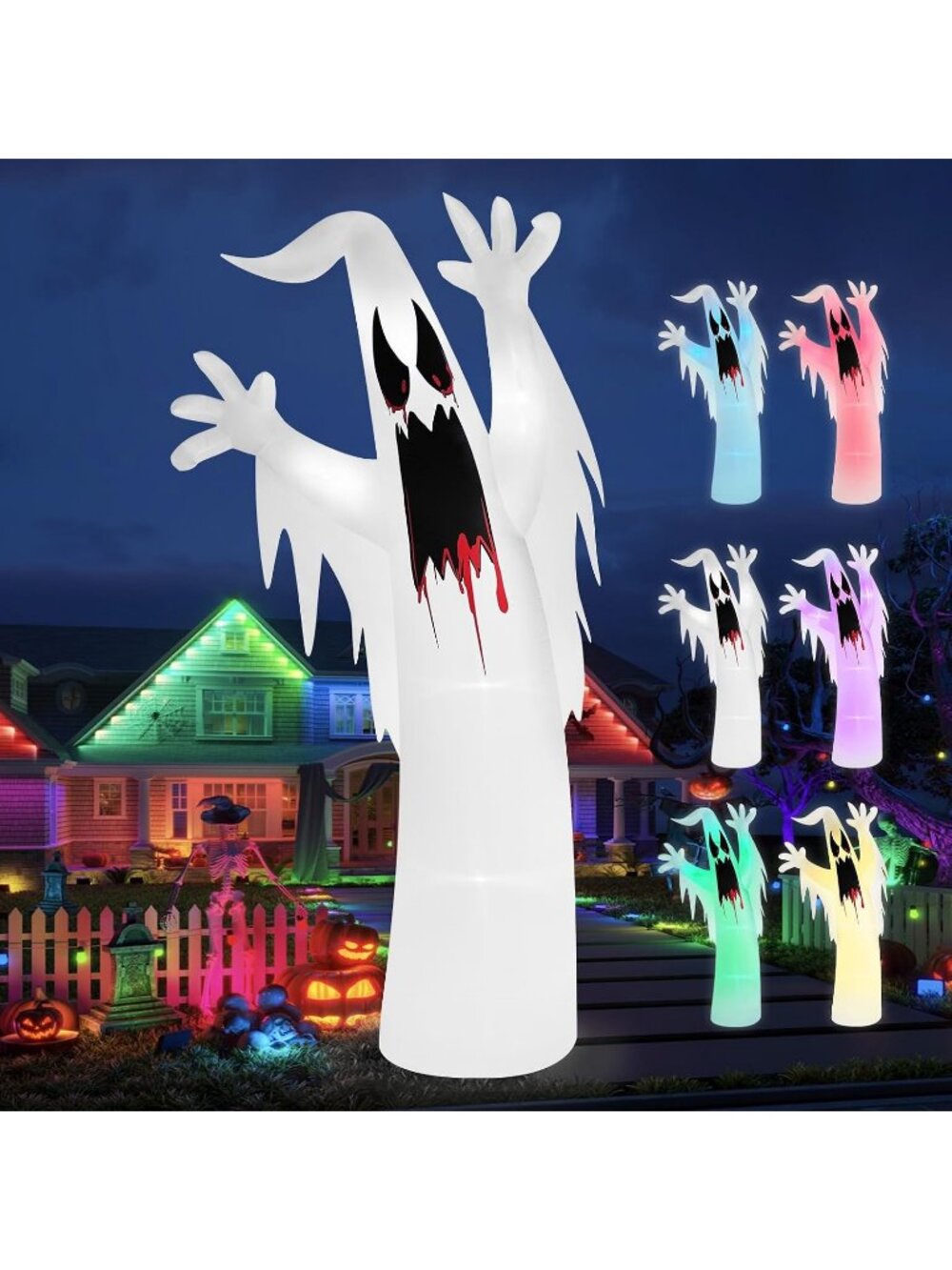 🎃12FT Halloween Inflatables Blowups Scary Ghost Built-in 6 Colour Outdoor Decor